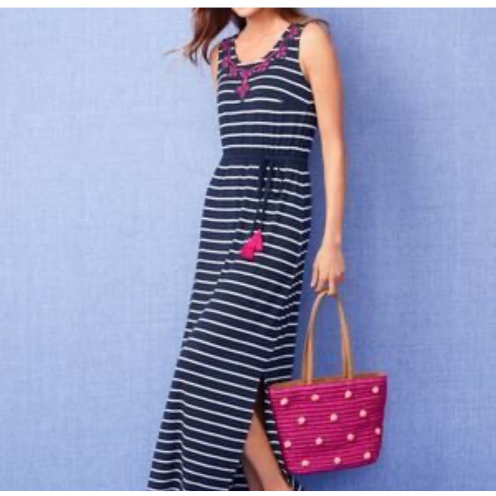 Talbots Maxi Dress Embroidered Navy White Striped Pink Tassel Belt Size M NWT